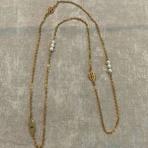 Lovely Sarah patent pending, Gold plate station necklace adorned w/Faux pearls